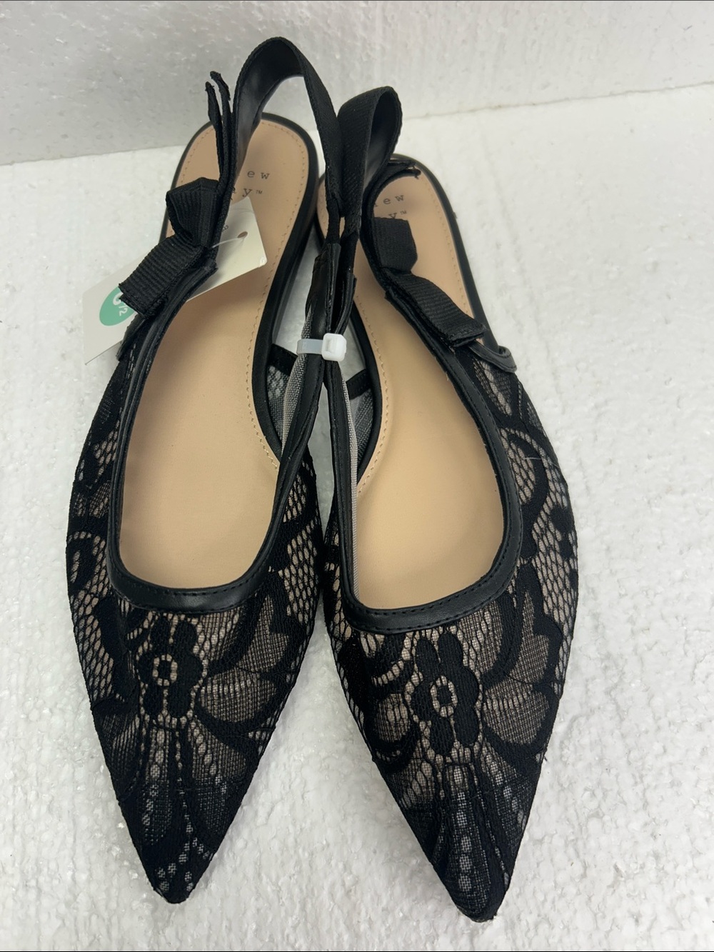 Black Lace Pointed Slingback Flats with Bow
